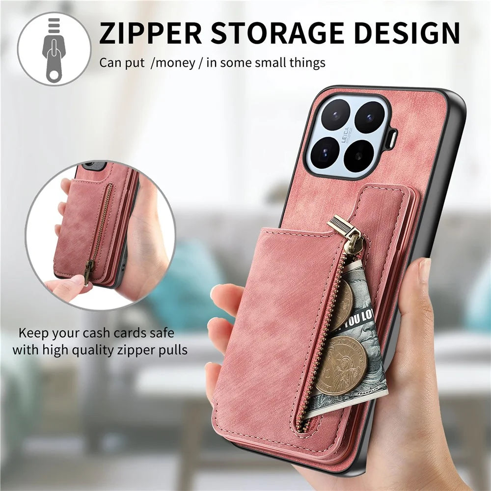 For Xiaomi 17T Case Zipper Card Holder Kickstand Retro Leather TPU Phone Cover with Tempered Glass Screen Protector - Pink - 4