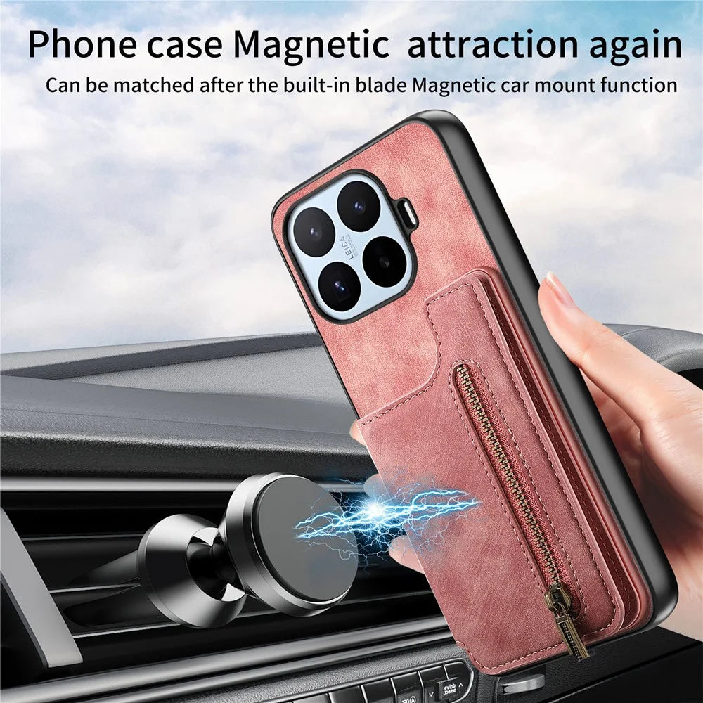 For Xiaomi 17T Case Zipper Card Holder Kickstand Retro Leather TPU Phone Cover with Tempered Glass Screen Protector - Pink - 5