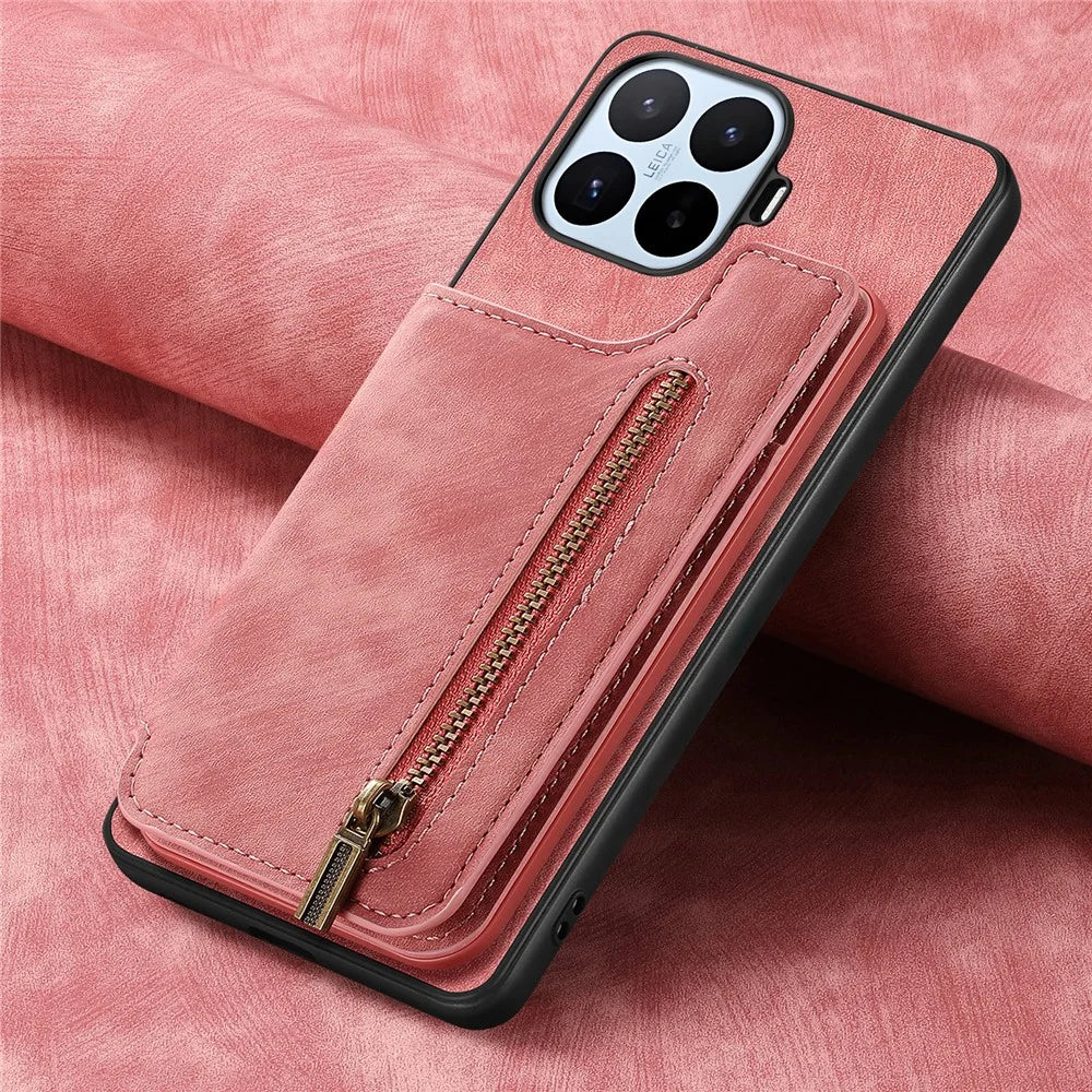 For Xiaomi 17T Case Zipper Card Holder Kickstand Retro Leather TPU Phone Cover with Tempered Glass Screen Protector - Pink - 6