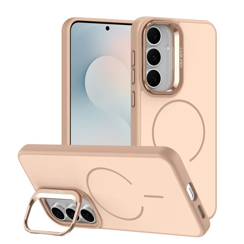 For Samsung Galaxy A27 5G Case Skin-touch PC + TPU Magnetic Phone Cover with Lens Frame Kickstand - Desert Gold - 1