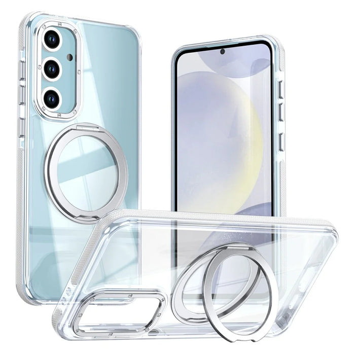 For Samsung Galaxy S26 FE Magnetic Case Double Color Rotating Ring Kickstand PC + TPU Phone Cover - White - 1