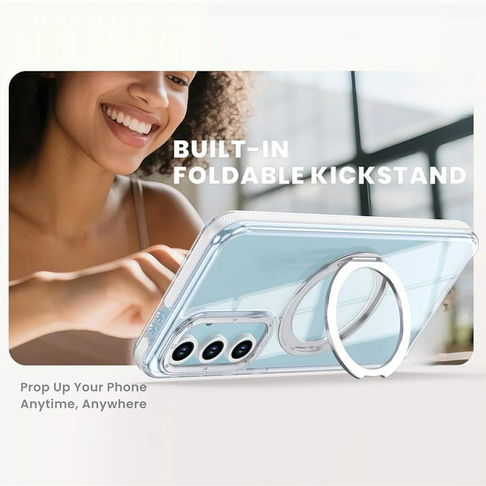 For Samsung Galaxy S26 FE Magnetic Case Double Color Rotating Ring Kickstand PC + TPU Phone Cover - White - 4