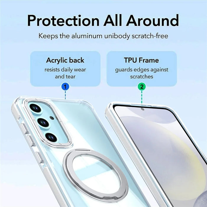 For Samsung Galaxy S26 FE Magnetic Case Double Color Rotating Ring Kickstand PC + TPU Phone Cover - White - 6
