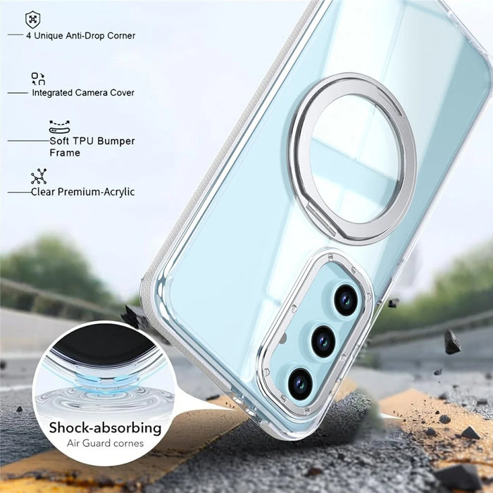 For Samsung Galaxy S26 FE Magnetic Case Double Color Rotating Ring Kickstand PC + TPU Phone Cover - White - 7