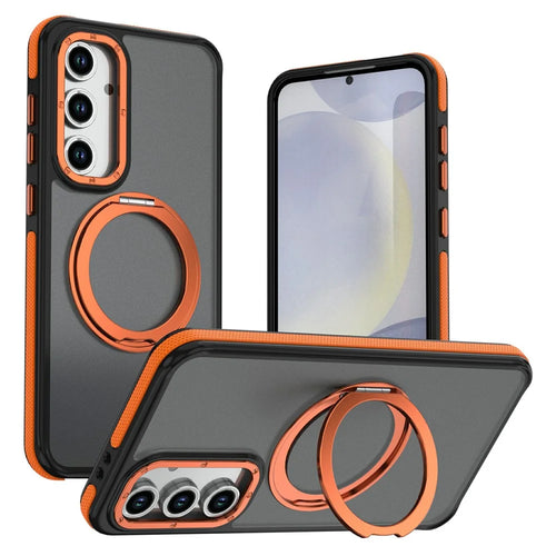 For Samsung Galaxy S26 FE Magnetic Case Double Color Rotating Ring Kickstand PC + TPU Phone Cover - Orange - 1