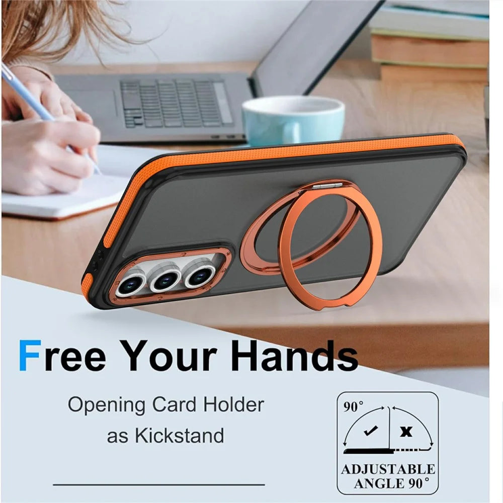 For Samsung Galaxy S26 FE Magnetic Case Double Color Rotating Ring Kickstand PC + TPU Phone Cover - Orange - 3