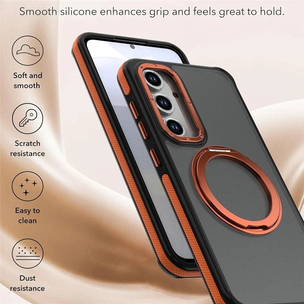 For Samsung Galaxy S26 FE Magnetic Case Double Color Rotating Ring Kickstand PC + TPU Phone Cover - Orange - 5