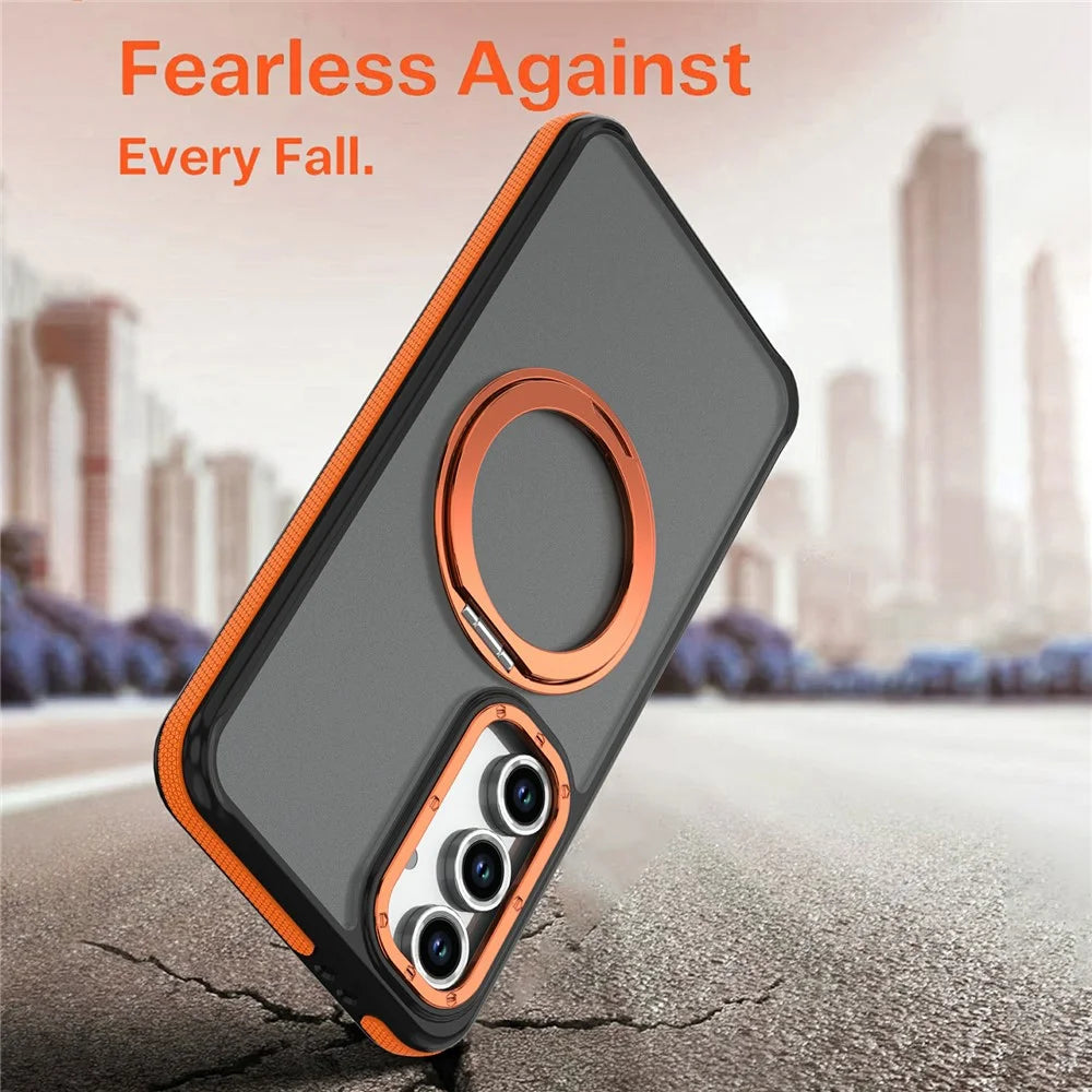 For Samsung Galaxy S26 FE Magnetic Case Double Color Rotating Ring Kickstand PC + TPU Phone Cover - Orange - 7