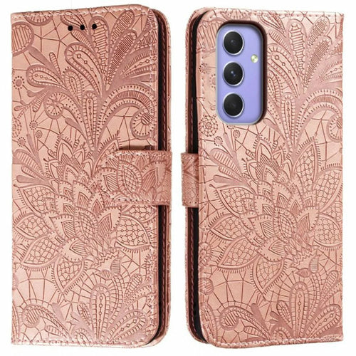 For Samsung Galaxy S26 FE Case Lace Flowers PU Leather Flip Wallet Phone Cover - Rose Gold - 1