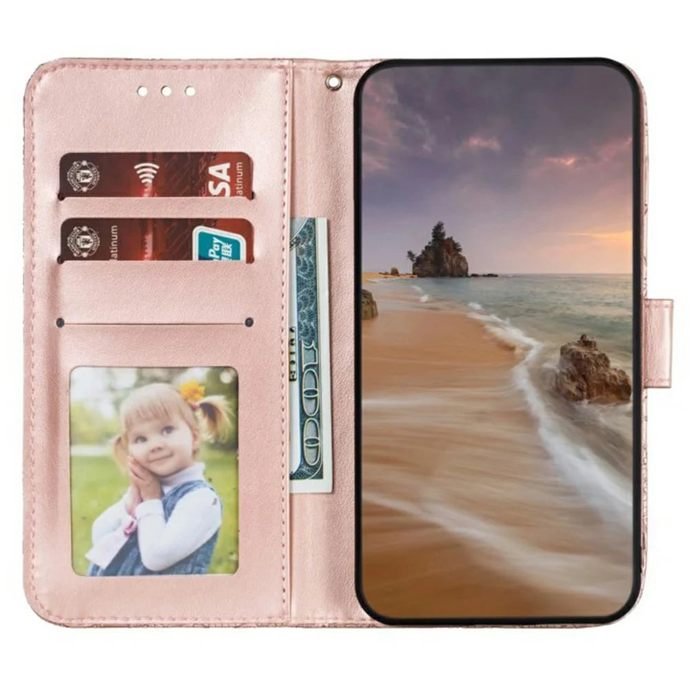 For Samsung Galaxy S26 FE Case Lace Flowers PU Leather Flip Wallet Phone Cover - Rose Gold - 2