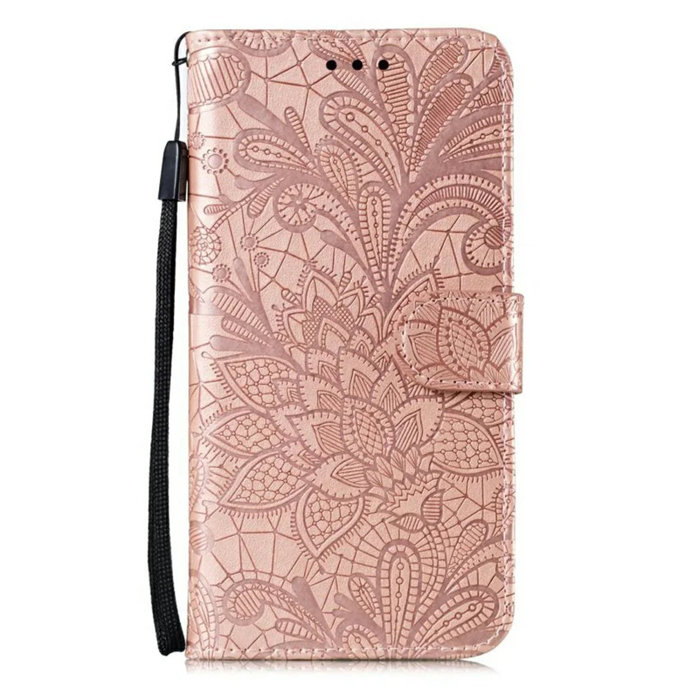 For Samsung Galaxy S26 FE Case Lace Flowers PU Leather Flip Wallet Phone Cover - Rose Gold - 5