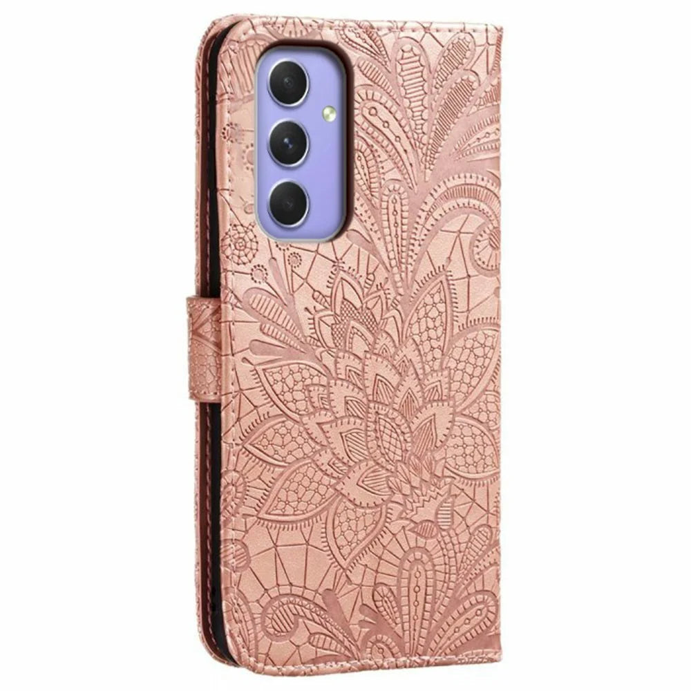 For Samsung Galaxy S26 FE Case Lace Flowers PU Leather Flip Wallet Phone Cover - Rose Gold - 6