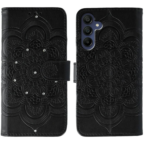 For Samsung Galaxy S26 FE Case Rhinestone Decor PU Leather Mandala Imprint Phone Cover with Wrist Strap - Black - 1
