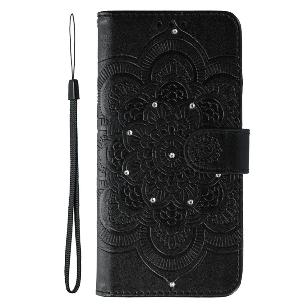 For Samsung Galaxy S26 FE Case Rhinestone Decor PU Leather Mandala Imprint Phone Cover with Wrist Strap - Black - 4