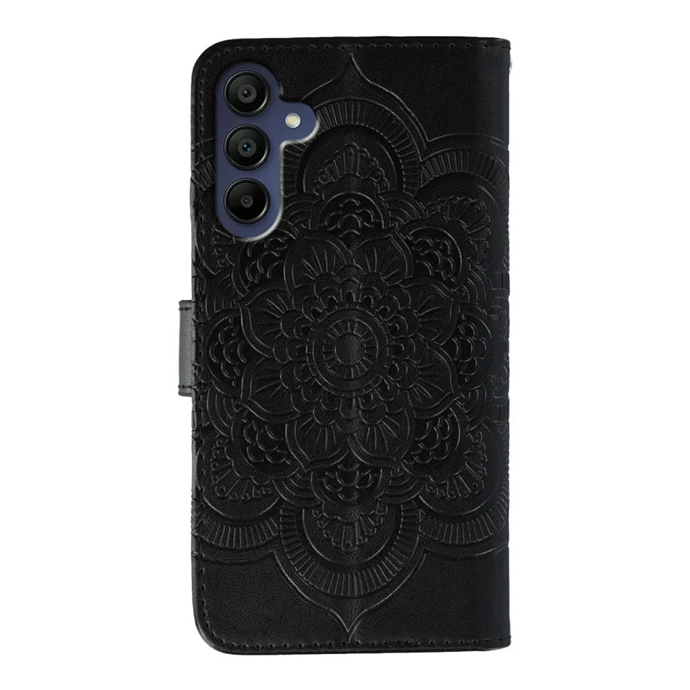 For Samsung Galaxy S26 FE Case Rhinestone Decor PU Leather Mandala Imprint Phone Cover with Wrist Strap - Black - 5