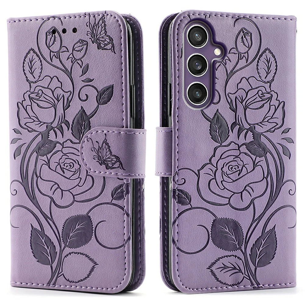 For Samsung Galaxy S26 FE Case Wallet Stand Imprinted Rose Butterfly PU Leather Phone Cover - Purple - 1