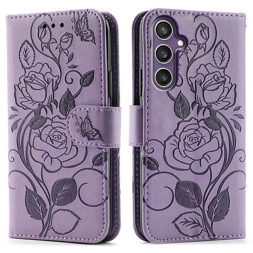 For Samsung Galaxy S26 FE Case Wallet Stand Imprinted Rose Butterfly PU Leather Phone Cover - Purple - 1