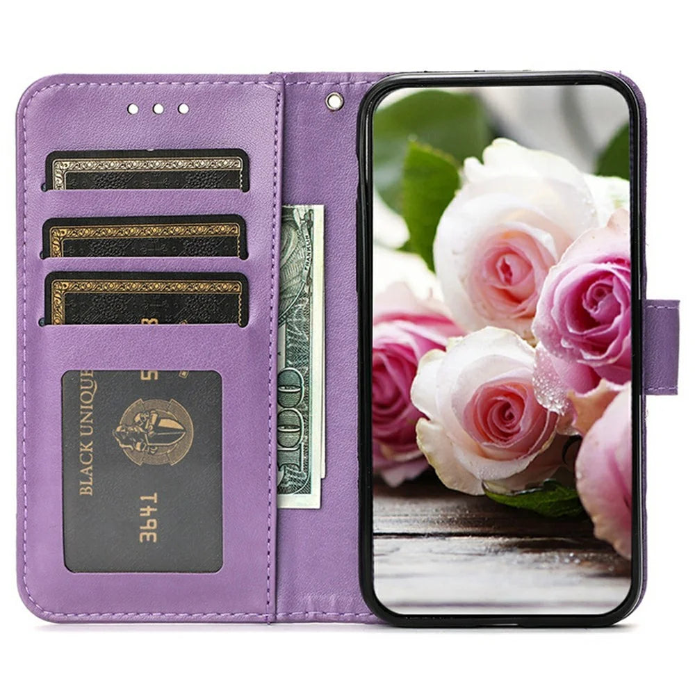 For Samsung Galaxy S26 FE Case Wallet Stand Imprinted Rose Butterfly PU Leather Phone Cover - Purple - 2