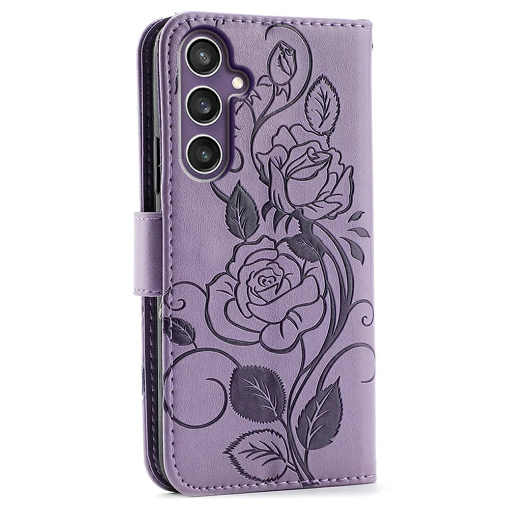 For Samsung Galaxy S26 FE Case Wallet Stand Imprinted Rose Butterfly PU Leather Phone Cover - Purple - 5