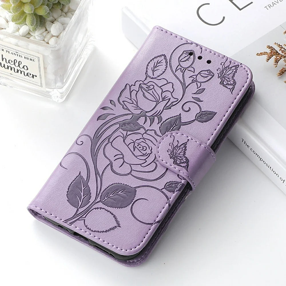 For Samsung Galaxy S26 FE Case Wallet Stand Imprinted Rose Butterfly PU Leather Phone Cover - Purple - 6