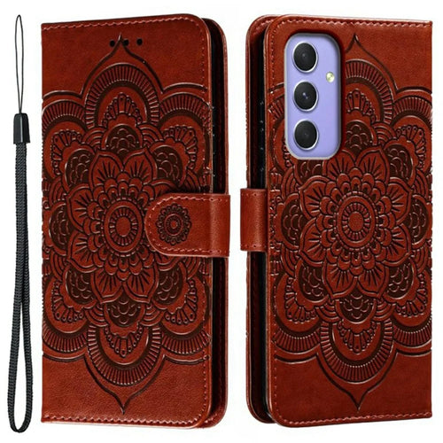 For Samsung Galaxy S26 FE Case PU Leather Mandala Imprinted Design Wallet Phone Cover with Wrist Strap - Brown - 1