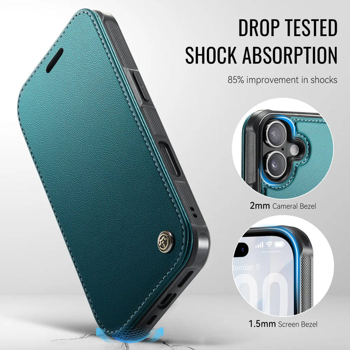 CASEME for iPhone 16 Case  053  Magnetic RFID Blocking Wallet Flip Leather Phone Cover - Blue Green - 7