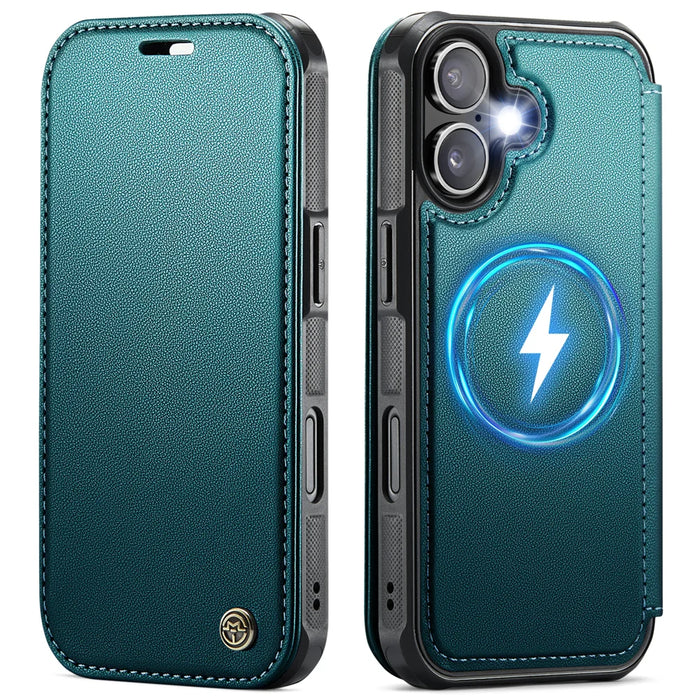CASEME for iPhone 16 Plus Case  053  Magnetic RFID Blocking Wallet Flip Leather Phone Cover - Blue Green - 1
