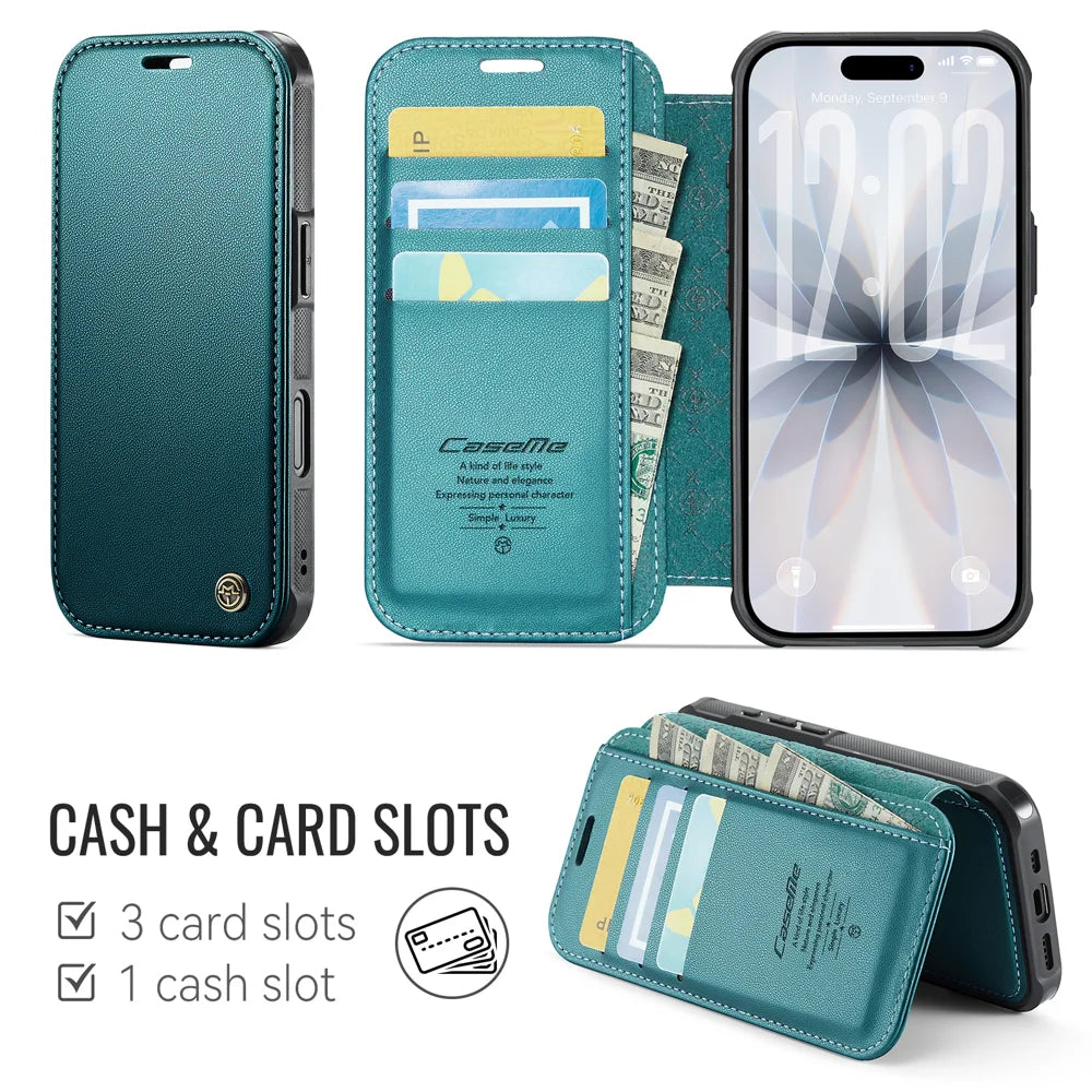 CASEME for iPhone 16 Plus Case  053  Magnetic RFID Blocking Wallet Flip Leather Phone Cover - Blue Green - 2