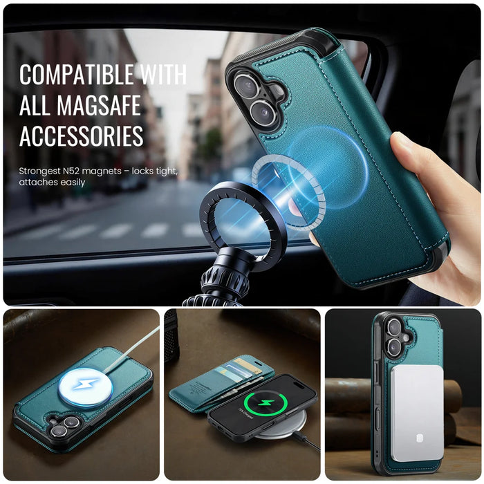 CASEME for iPhone 16 Plus Case  053  Magnetic RFID Blocking Wallet Flip Leather Phone Cover - Blue Green - 3