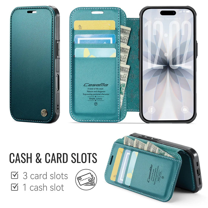 CASEME for iPhone 17 Case  053  Magnetic RFID Blocking Wallet Flip Leather Phone Cover - Blue Green - 2