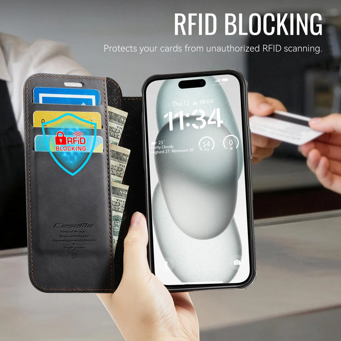CASEME for iPhone 13 Case  053  Magnetic RFID Blocking Wallet Flip Leather Phone Cover - Black - 5