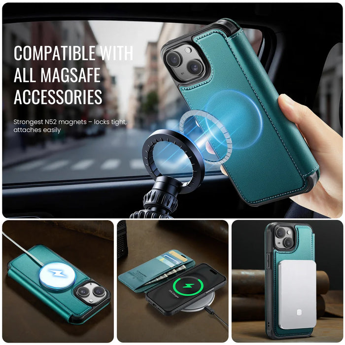CASEME for iPhone 14 Case  053  Magnetic RFID Blocking Wallet Flip Leather Phone Cover - Blue Green - 3