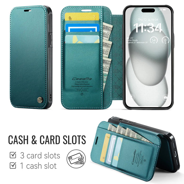 CASEME for iPhone 15 Case  053  Magnetic RFID Blocking Wallet Flip Leather Phone Cover - Blue Green - 2