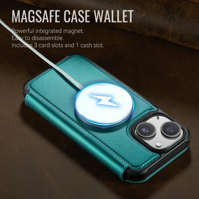 CASEME for iPhone 15 Case  053  Magnetic RFID Blocking Wallet Flip Leather Phone Cover - Blue Green - 4