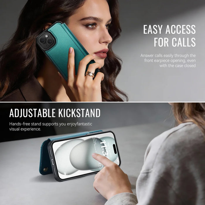 CASEME for iPhone 15 Case  053  Magnetic RFID Blocking Wallet Flip Leather Phone Cover - Blue Green - 6