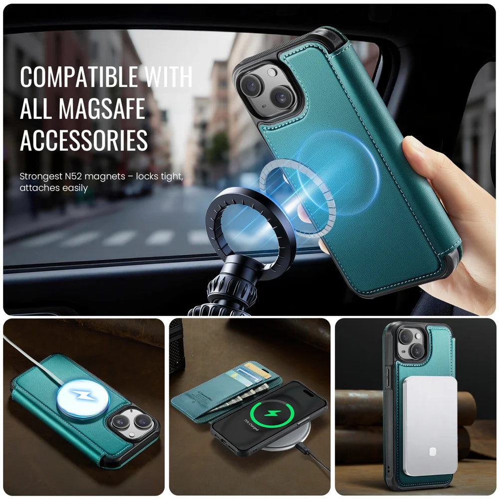 CASEME for iPhone 14 Plus / iPhone 15 Plus Case  053  Magnetic RFID Blocking Wallet Flip Leather Phone Cover - Blue Green - 3