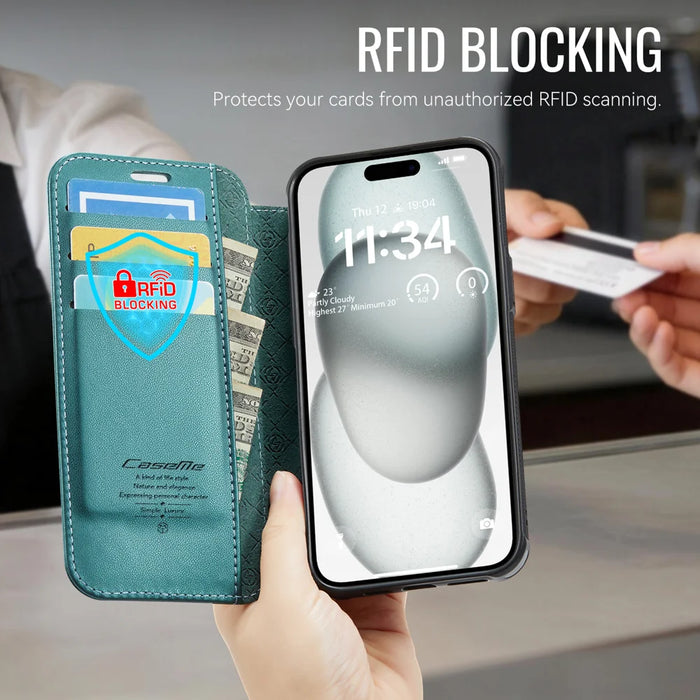 CASEME for iPhone 14 Plus / iPhone 15 Plus Case  053  Magnetic RFID Blocking Wallet Flip Leather Phone Cover - Blue Green - 5