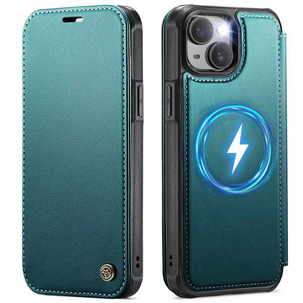 CASEME for iPhone 12 Pro / iPhone 12 Case  053  Magnetic RFID Blocking Wallet Flip Leather Phone Cover - Blue Green - 1