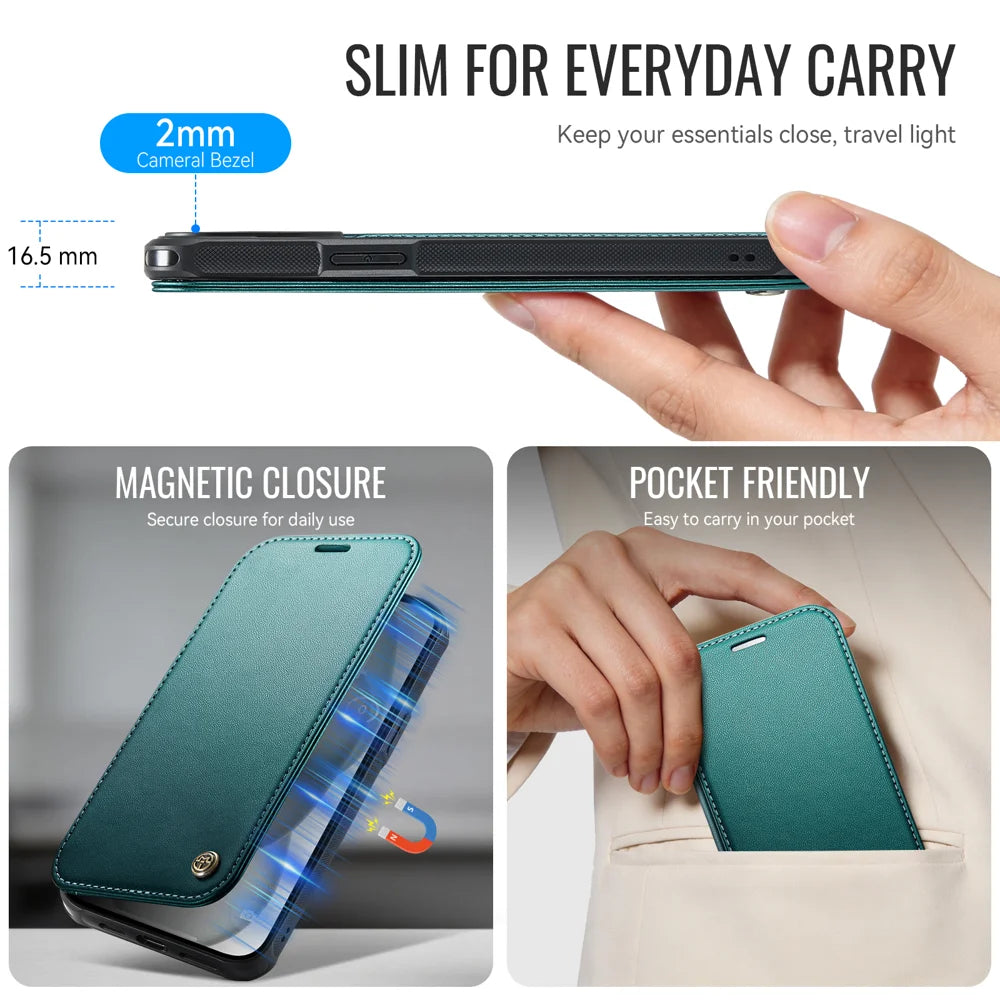 CASEME for iPhone 12 Pro / iPhone 12 Case  053  Magnetic RFID Blocking Wallet Flip Leather Phone Cover - Blue Green - 7