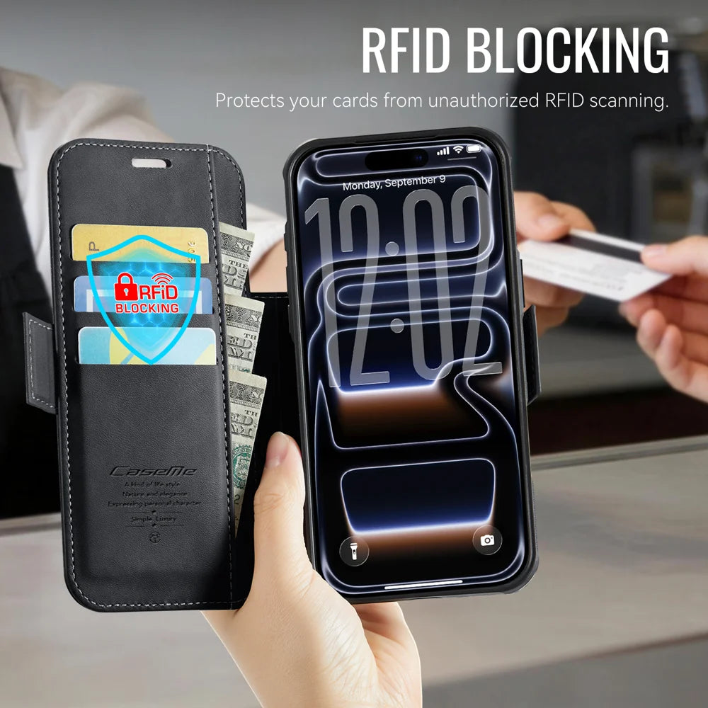 CASEME for iPhone 18 Pro / 17 Pro Case  053  Magnetic RFID Blocking Wallet Flip Leather Phone Cover - Black - 5