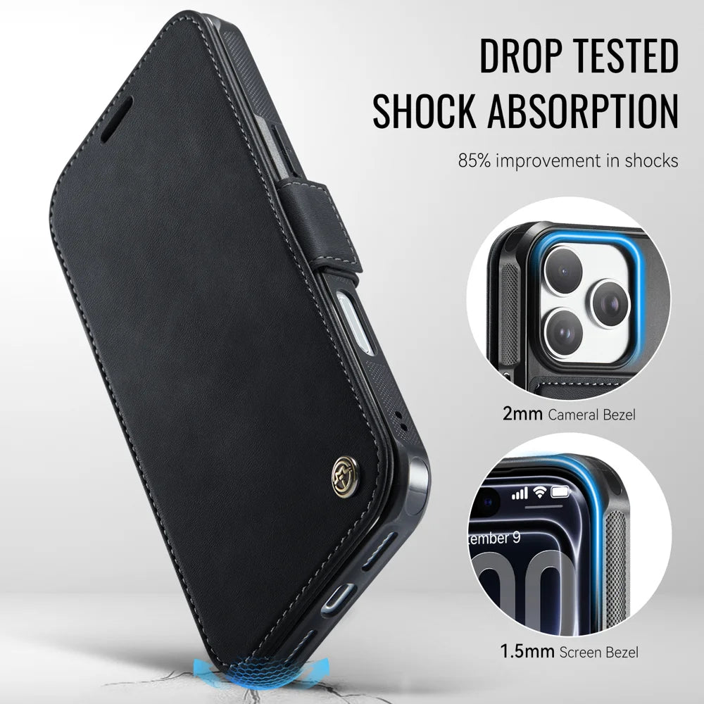 CASEME for iPhone 18 Pro / 17 Pro Case  053  Magnetic RFID Blocking Wallet Flip Leather Phone Cover - Black - 7