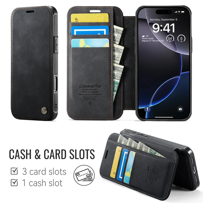 CASEME for iPhone 16 Pro Case  053  Magnetic RFID Blocking Wallet Flip Leather Phone Cover - Black - 2