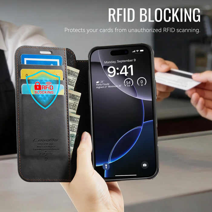 CASEME for iPhone 16 Pro Case  053  Magnetic RFID Blocking Wallet Flip Leather Phone Cover - Black - 5