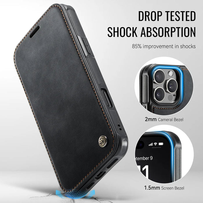 CASEME for iPhone 16 Pro Case  053  Magnetic RFID Blocking Wallet Flip Leather Phone Cover - Black - 7