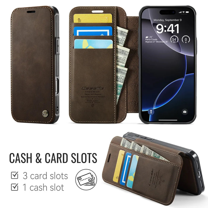 CASEME for iPhone 15 Pro Case  053  Magnetic RFID Blocking Wallet Flip Leather Phone Cover - Coffee - 2