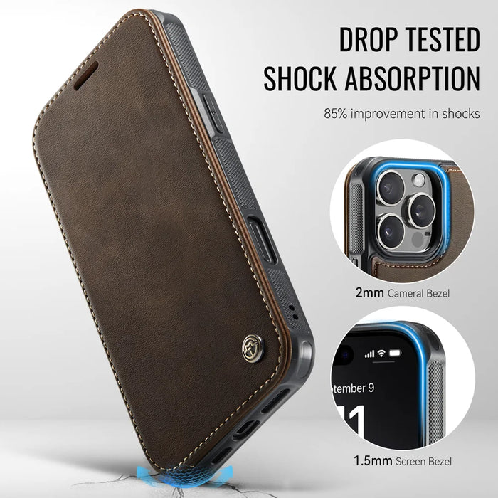 CASEME for iPhone 14 Pro Case  053  Magnetic RFID Blocking Wallet Flip Leather Phone Cover - Coffee - 7