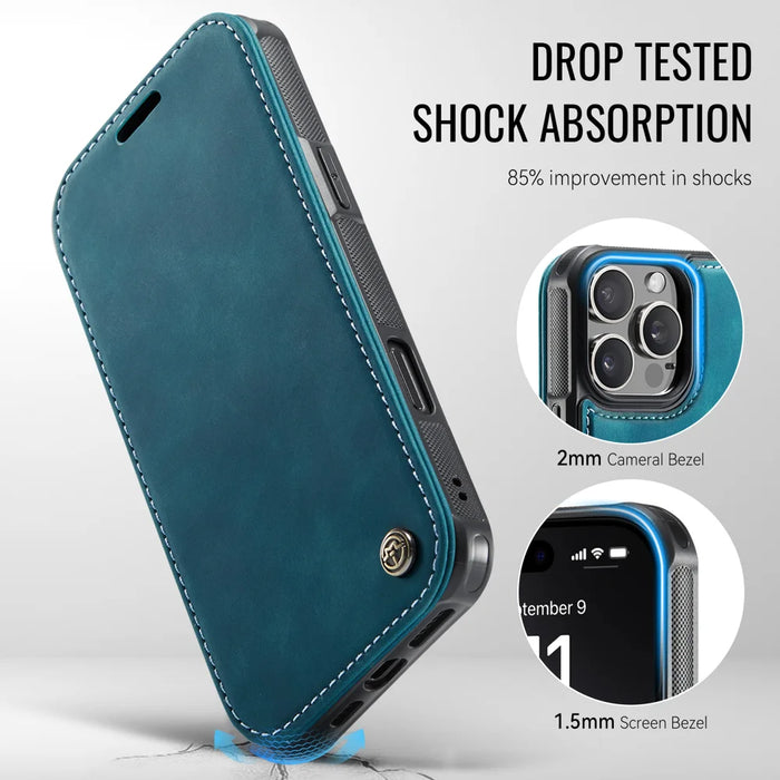 CASEME for iPhone 13 Pro Case  053  Magnetic RFID Blocking Wallet Flip Leather Phone Cover - Retro Blue - 7