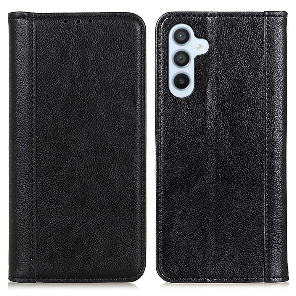 For Samsung Galaxy S26 FE Stand Case Split Leather Litchi Texture Wallet Phone Cover - Black - 1