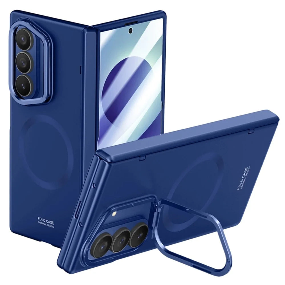 For Samsung Galaxy Z Fold8 Ultra Magnetic Case Hard PC Phone Cover with HD Tempered Glass Film, Lens Kickstand - Blue - 1