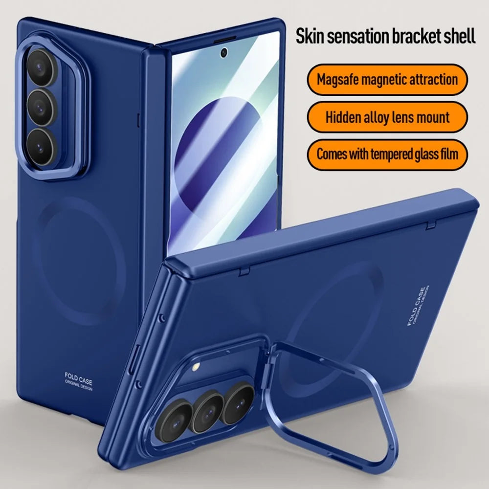 For Samsung Galaxy Z Fold8 Ultra Magnetic Case Hard PC Phone Cover with HD Tempered Glass Film, Lens Kickstand - Blue - 4